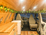 Explore this unique RV rental interior: wooden walls, leafy string lights, mini-fridge, and front cab.
