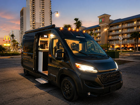 A sleek, dark Westfalia camper van, perfect for rv rental trips, glows at dusk with interior lights and open side door, parked near hotels.