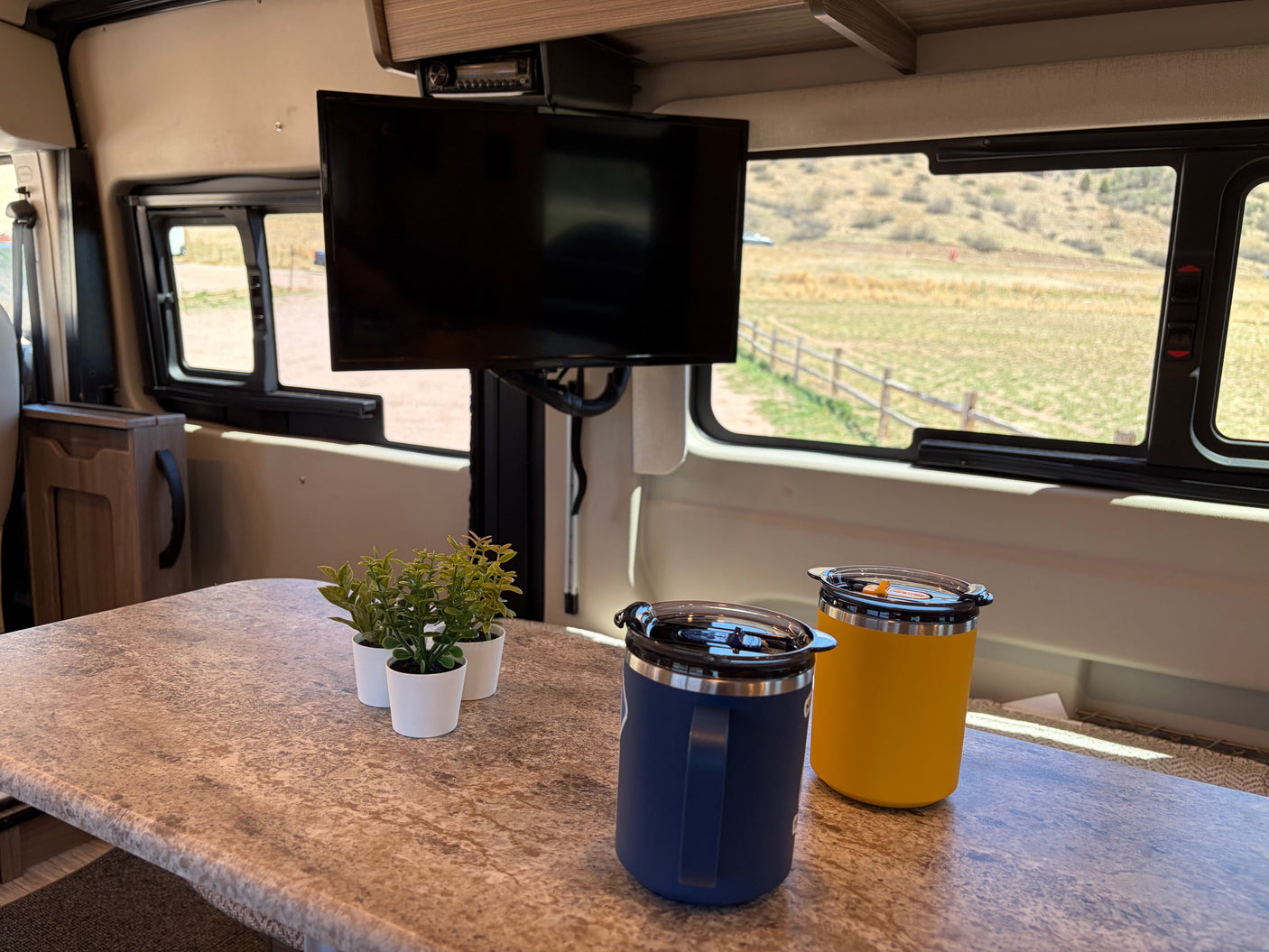RV rental interior: table with potted plants, colorful mugs, a TV, and a window view of a grassy, fenced landscape.