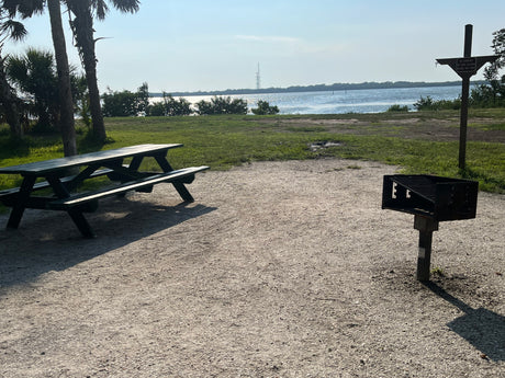 RV rental friendly: waterfront picnic area with a grill & table in a tranquil park setting, perfect for outdoors.