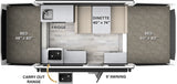 Detailed RV rental floor plan: pop-up camper interior with kitchen, dinette (40"x74"), and two beds (48"x80", 60"x80").