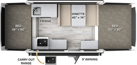 Detailed RV rental floor plan: pop-up camper interior with kitchen, dinette (40"x74"), and two beds (48"x80", 60"x80").