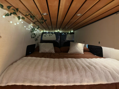 Cozy RV rental interior: a comfy bed under a wood ceiling with ambient string lights and ivy.