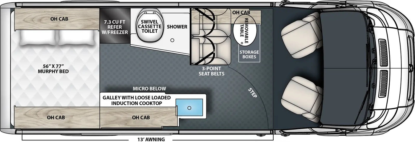 This rv rental floor plan details a camper van with a 56"x77" Murphy bed, compact galley, and bathroom, designed for comfortable travel.