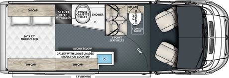 This rv rental floor plan details a camper van with a 56"x77" Murphy bed, compact galley, and bathroom, designed for comfortable travel.