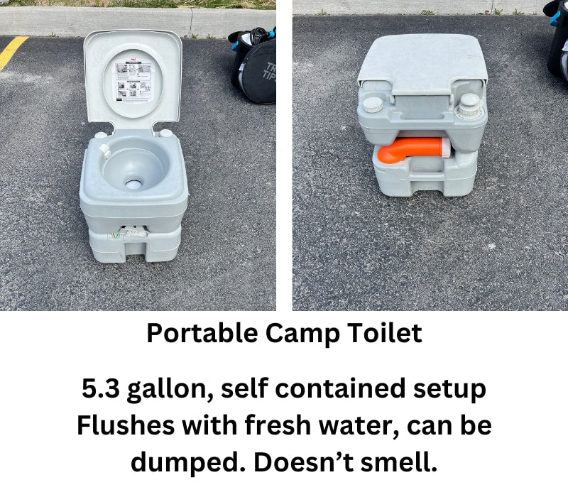 Portable 5.3-gallon camp toilet for RV rental. Self-contained, flushes, easy to dump, and odor-free.