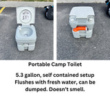 Portable 5.3-gallon camp toilet for RV rental. Self-contained, flushes, easy to dump, and odor-free.