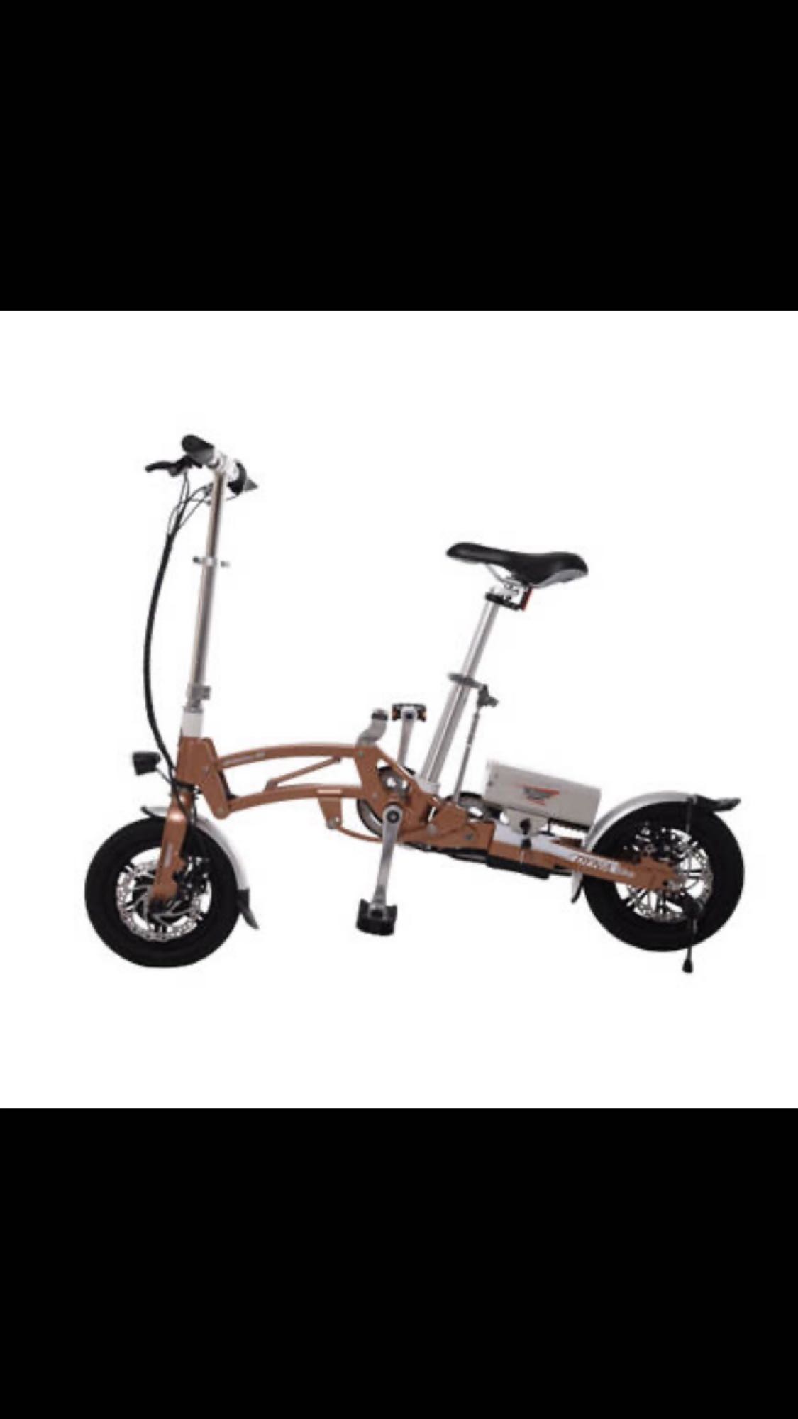This compact, brown folding electric bicycle is ideal for convenient transport during an RV rental trip.