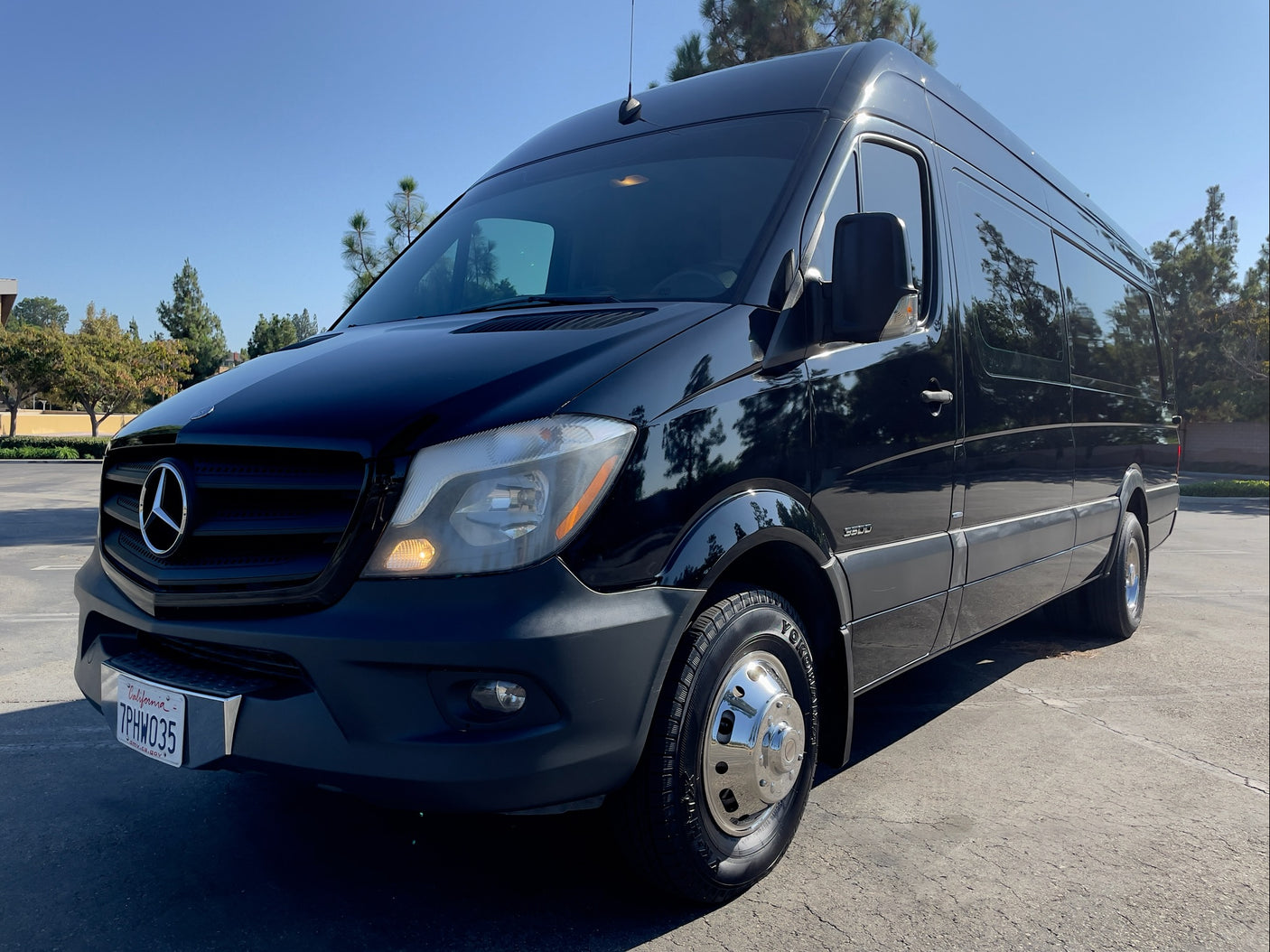 Sleek black Mercedes-Benz Sprinter van, ideal for RV rental trips.