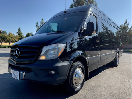 Sleek black Mercedes-Benz Sprinter van, ideal for RV rental trips.