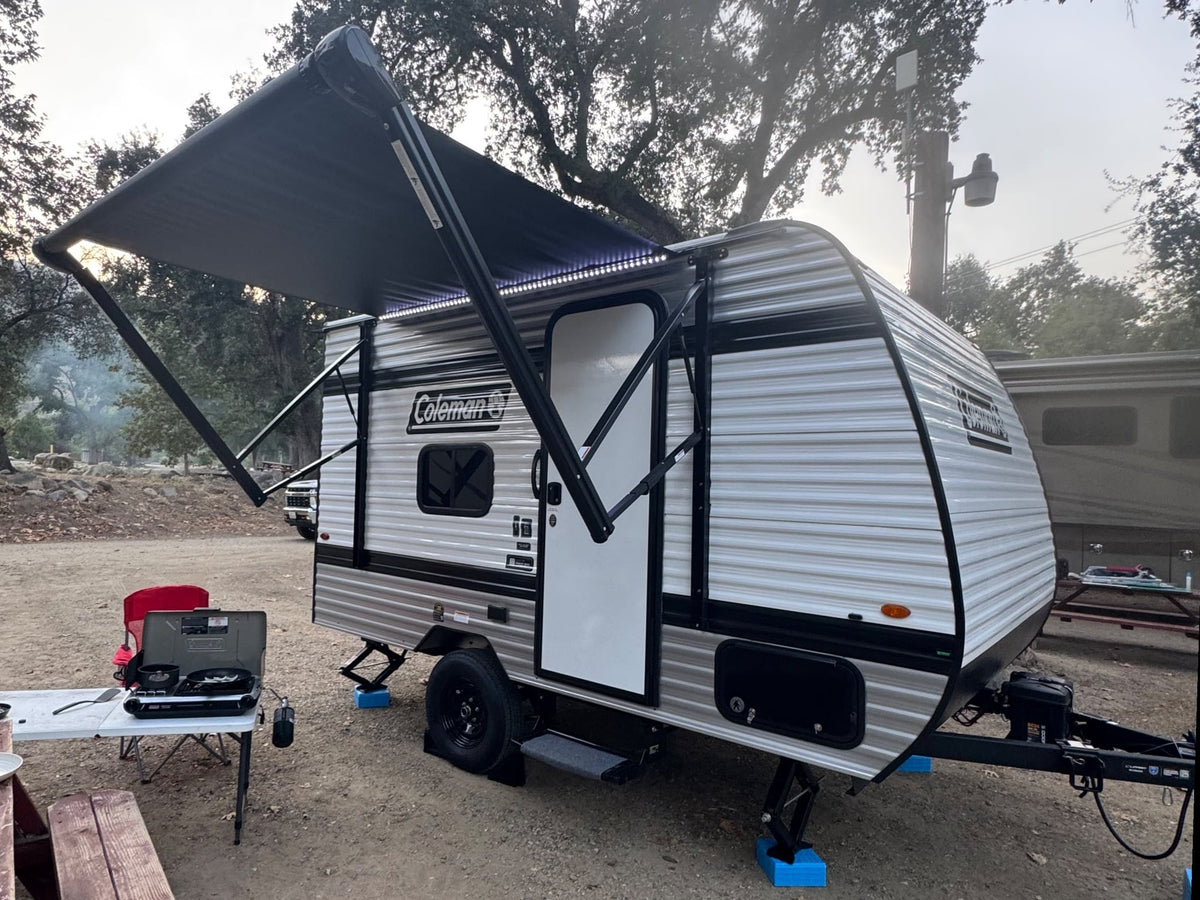 This RV rental is set up for camping