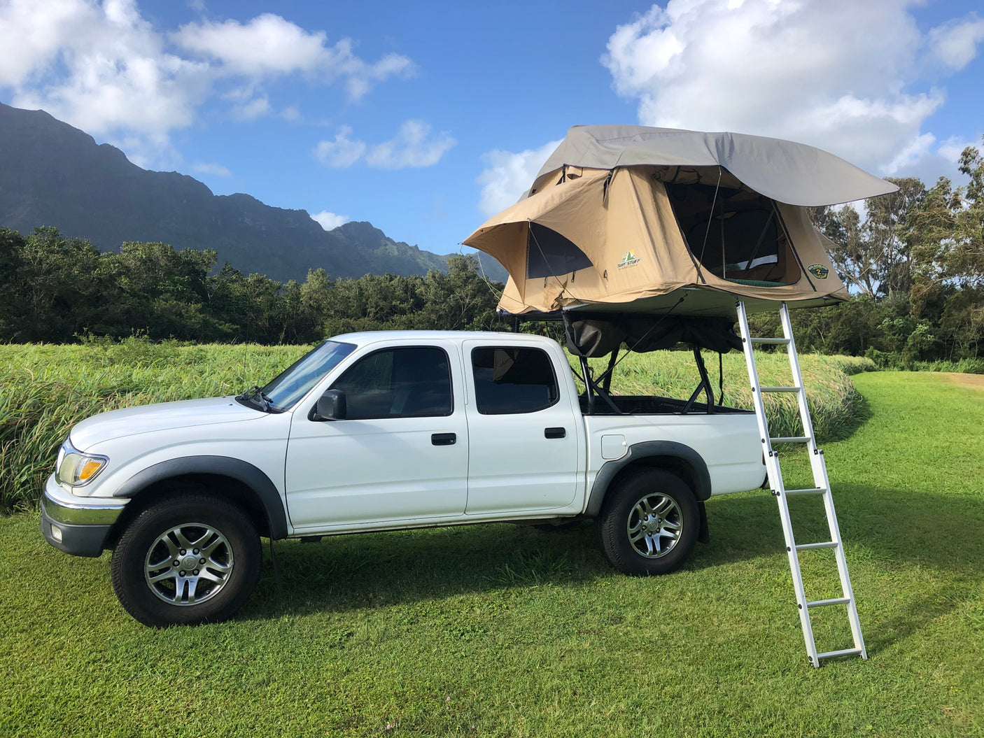 A white pickup truck with a tan rooftop tent and ladder, parked on green grass with mountains. Ideal for an RV rental adventure.