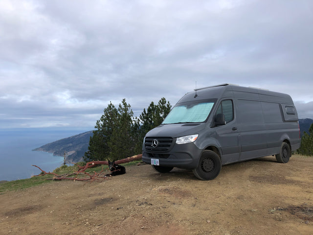 Gray Mercedes-Benz Sprinter camper van (RV rental) and dog overlooking a scenic ocean coast.