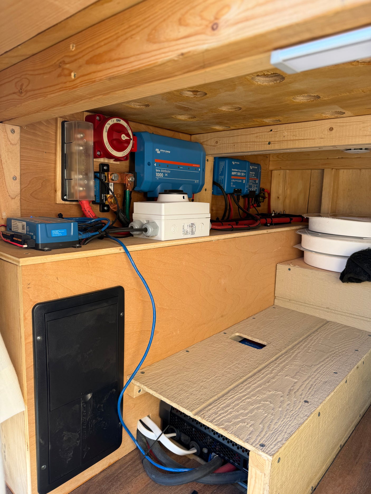 RV rental electrical: Victron solar charge controller, distributor, battery switch, and inverter in a tidy wooden setup.