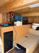 RV rental electrical: Victron solar charge controller, distributor, battery switch, and inverter in a tidy wooden setup.