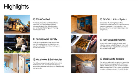 Discover Noovo RV rental's key features: RVIA certified, off-grid lithium, Starlink, kitchen, hot shower, sleeps 4. Your ideal van.