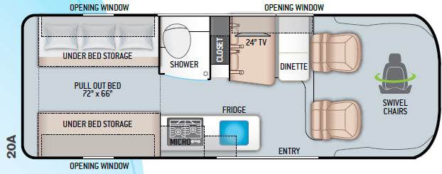 Explore this compact rv rental 20A floor plan: features pull-out bed, kitchen, shower, dinette, & swivel chairs.
