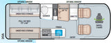 Explore this compact rv rental 20A floor plan: features pull-out bed, kitchen, shower, dinette, & swivel chairs.