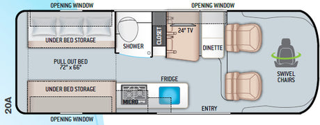 Explore this compact rv rental 20A floor plan: features pull-out bed, kitchen, shower, dinette, & swivel chairs.