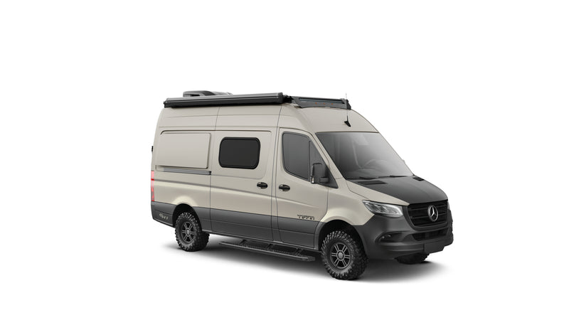 Off-road Mercedes-Benz Sprinter camper van in beige/black, with awning and light bar, ideal for rv rental. — photo 1
