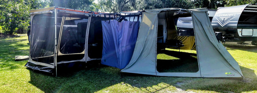  ready for outdoor adventures.|RV rental: a spacious screen room annex pitched on green grass under a clear blue sky.|RV rental transformed: spacious screen room