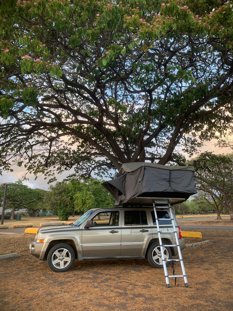 A car with a gray rooftop tent and ladder under a large tree, like a compact rv rental for outdoor getaways. — photo 16