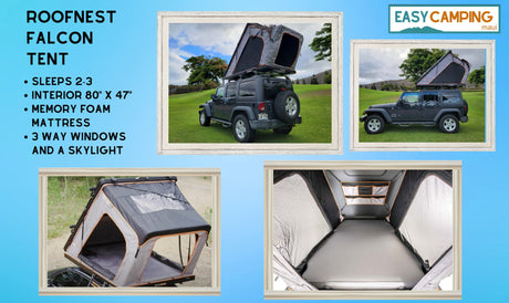 This RV rental offers a ROOFNEST FALCON rooftop tent on a Jeep. Sleeps 2-3, 80x47" interior, memory foam mattress, windows, skylight.