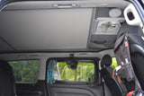 RV rental interior showing ceiling fan, smoke alarm, window fan, and storage, ready for a comfortable road trip.