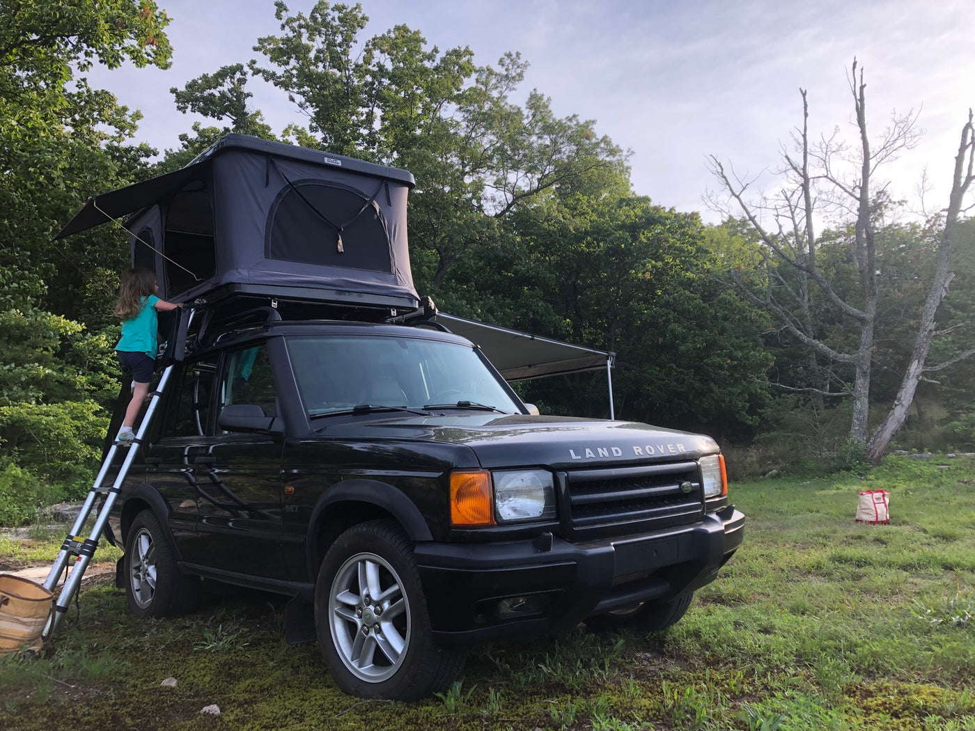  surrounded by trees. People and dog exploring nature.|Land Rover SUV with rooftop tent & awning setup. Child climbs ladder for camping fun. Explore unique rv rental options!|Roasting a hot dog over a campfire while camping with an overlanding vehicle and rooftop tent — photo 6