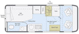 RV rental floor plan showing a main bed, wet bath, kitchen, dining area with table, two bench seats, and a flexible second bed.