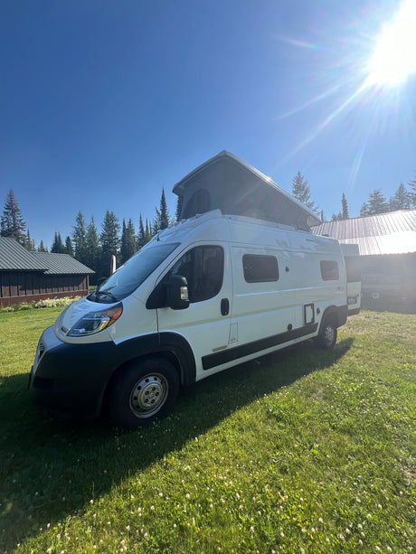 White pop-top camper van bathed in sun on a grassy field, ready for your next RV rental adventure.