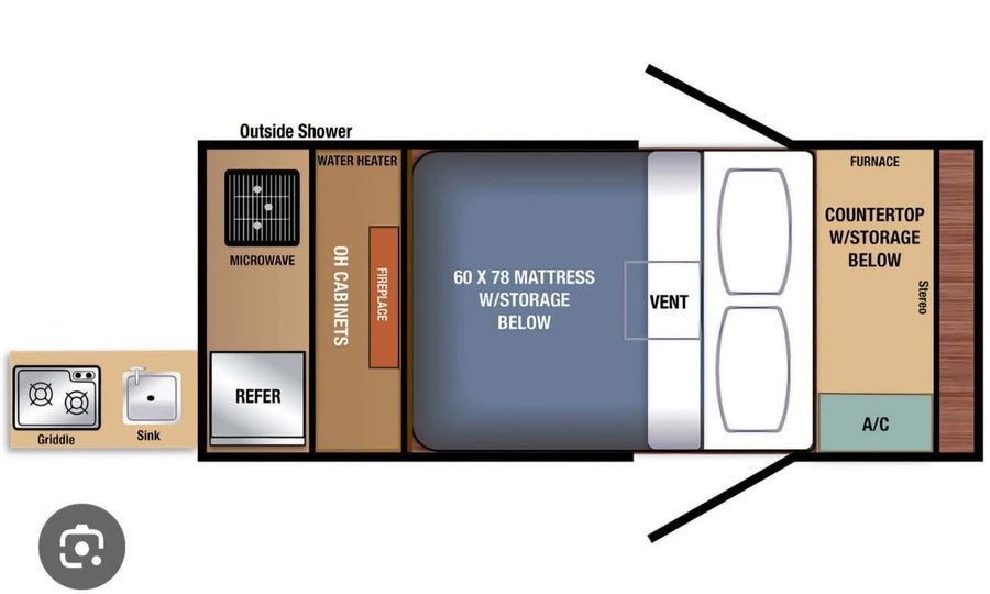 Travel trailer RV rental layout: Queen bed, kitchen w/ refer, microwave, sink, griddle; plus A/C, furnace, & fireplace.