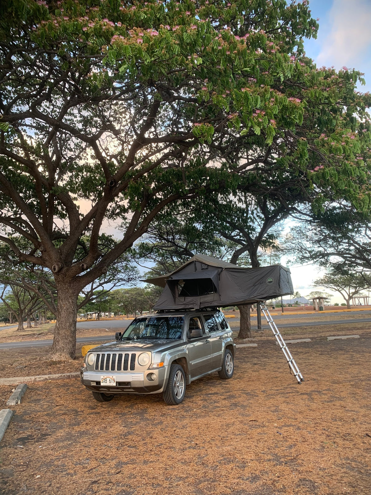 Experience camping with this unique RV rental: a Jeep Patriot with a deployed rooftop tent under blooming trees. — photo 11