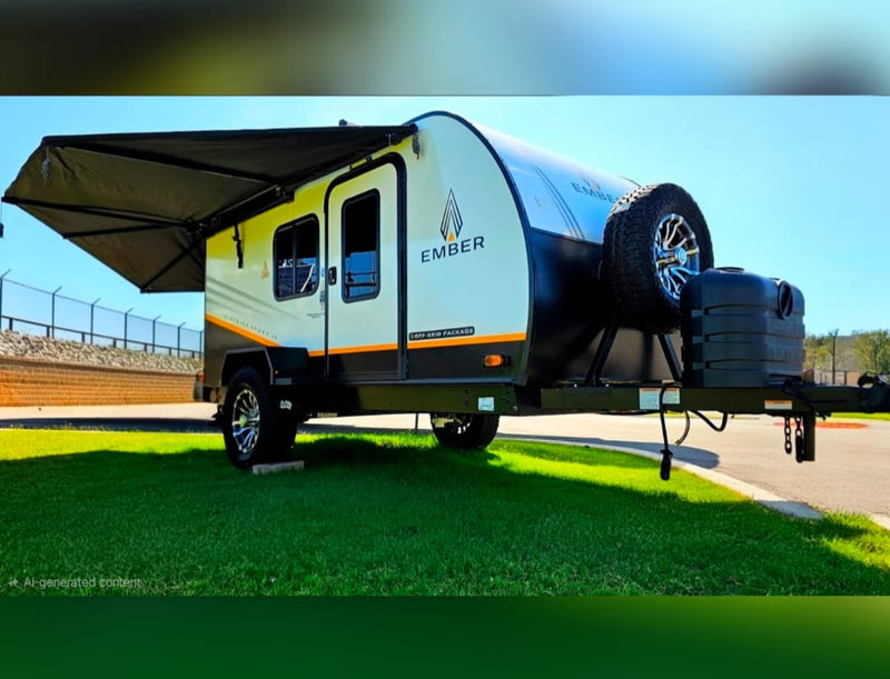 A sleek, white and black Ember travel trailer with an extended awning, ready for your RV rental adventure. — photo 3