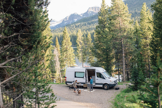 RV rental parked by a serene lake in a forest with mountains, two people and two dogs enjoying the outdoor setting.