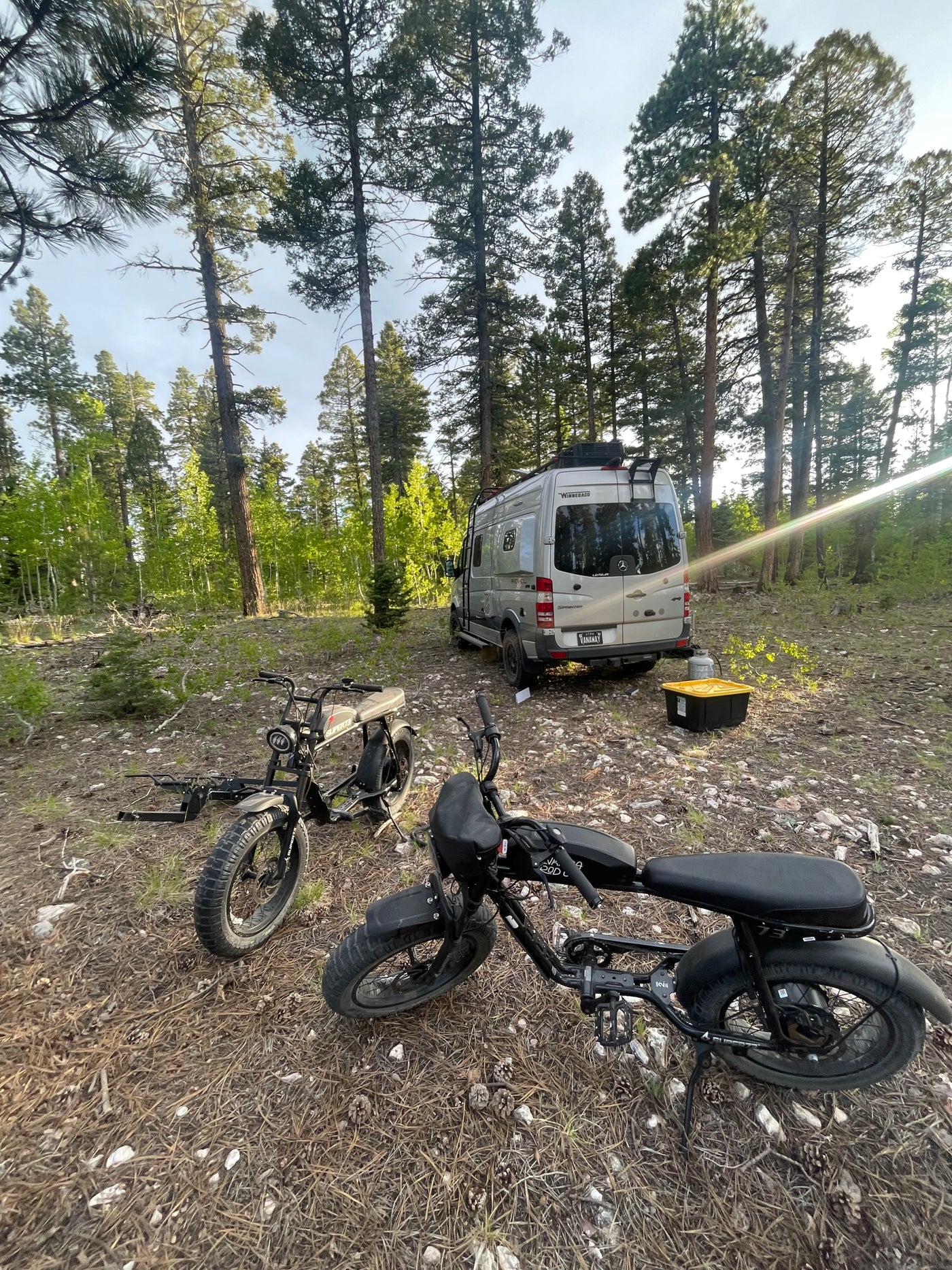 RV rental Sprinter van, e-bikes, and gear set up in a serene forest clearing for a wilderness camp. — photo 18