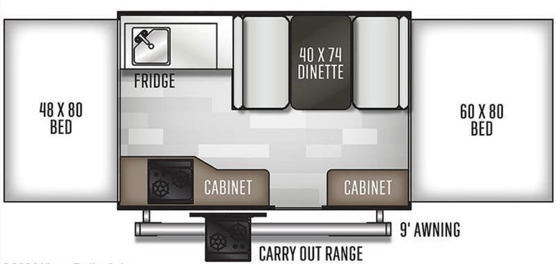RV rental camper floor plan: Layout shows 2 beds (48x80, 60x80), 40x74 dinette, fridge, cabinets, and outdoor range/awning.