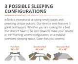 Versatile RV rental sleeping configurations: twin, standard, and oversized bed layouts with dimensions.