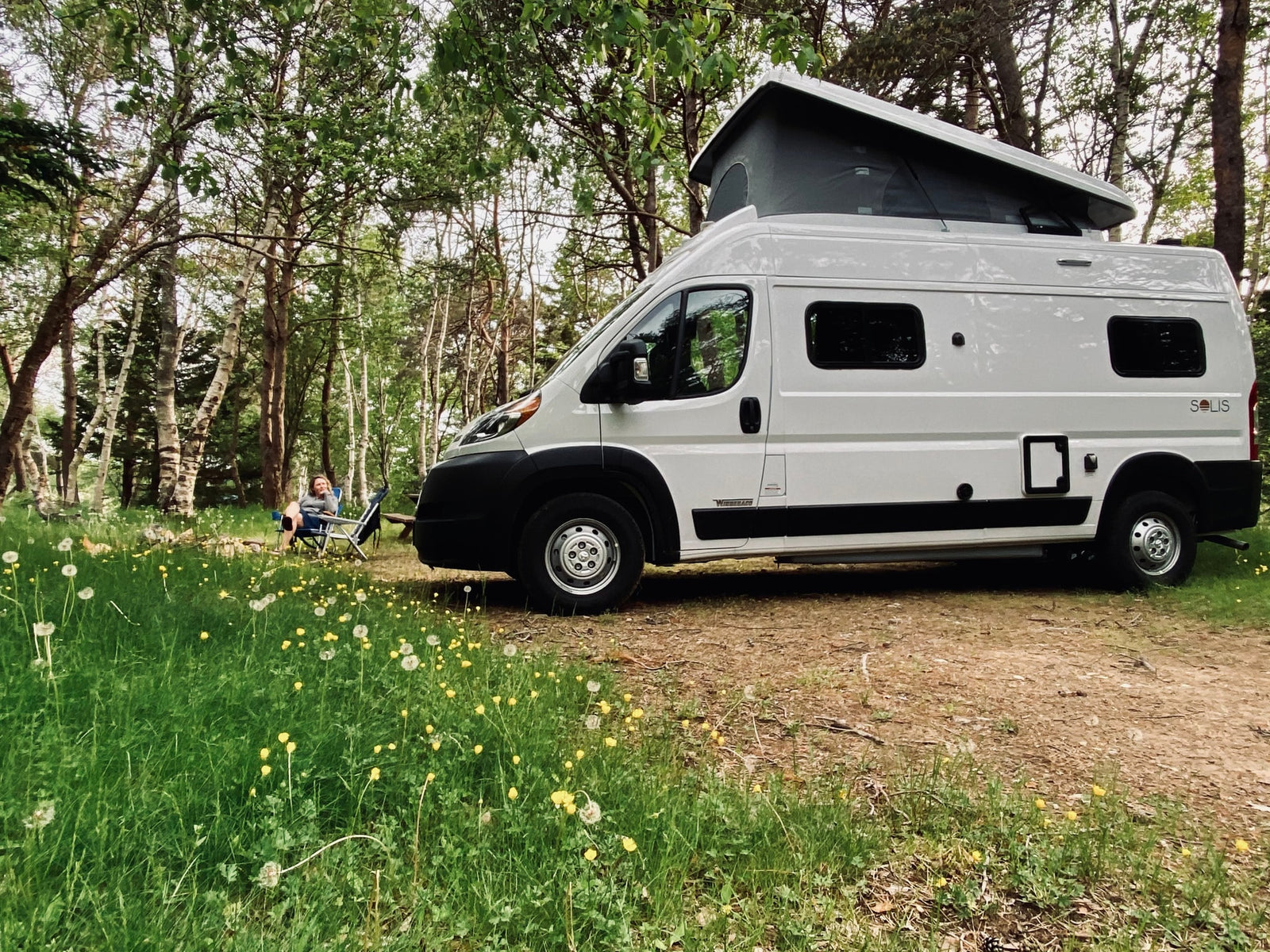 RV rental: A white pop-top camper van parked in a green