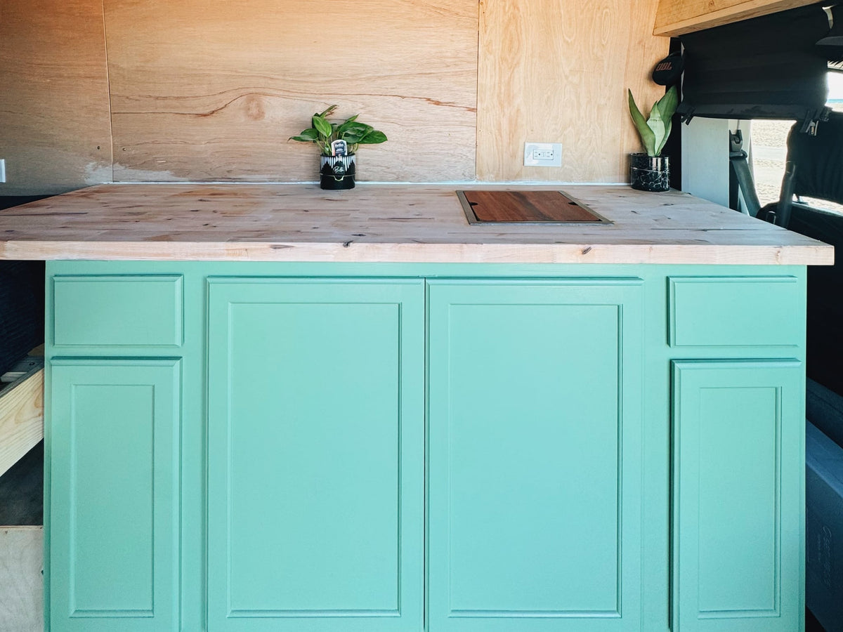  and plant. Ready for your next RV rental road trip adventure!|Stylish rv rental van interior: sage green kitchenette — photo 9