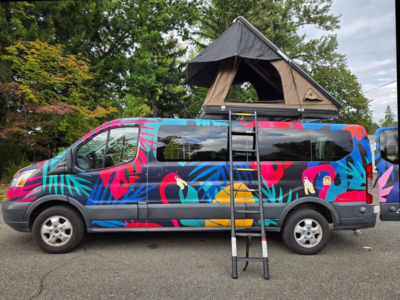  is equipped with a rooftop tent for adventures.|Vibrant flamingo campervan with rooftop tent available for rv rental — photo 7