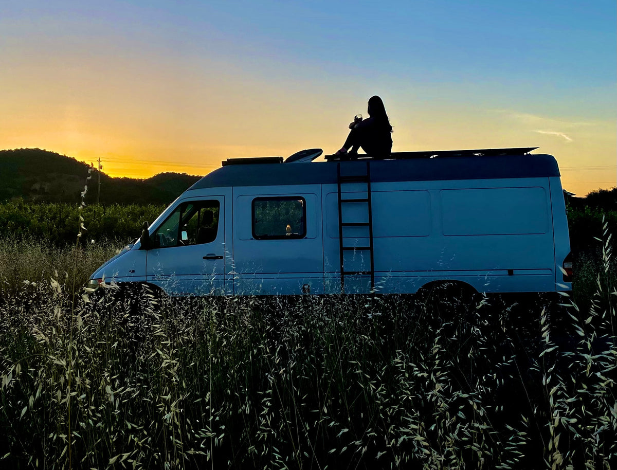 Enjoying a serene sunset from an RV rental, a person sips a drink on the camper van's roof amidst tall grass.