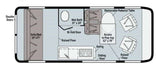 RV rental floor plan: Camper van layout with sofa/bed, wet bath, kitchen, dining, and pop-top access.