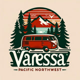 Colorful retro graphic of a red camper van in the Pacific Northwest for RV rental. Features mountains, lake, and pine trees.