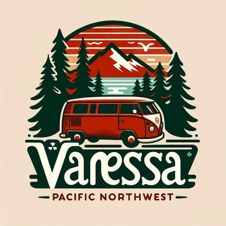 Colorful retro graphic of a red camper van in the Pacific Northwest for RV rental. Features mountains, lake, and pine trees.