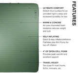 Exped's green self-inflating camping mattress offers comfort & warmth, ideal for an RV rental adventure.