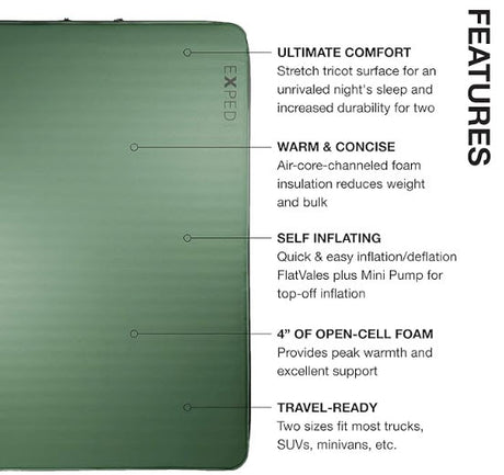 Exped's green self-inflating camping mattress offers comfort & warmth, ideal for an RV rental adventure.