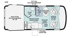 RV rental floor plan 44E, detailing a campervan interior with bed, wet bath, kitchen, and flexible seating area.