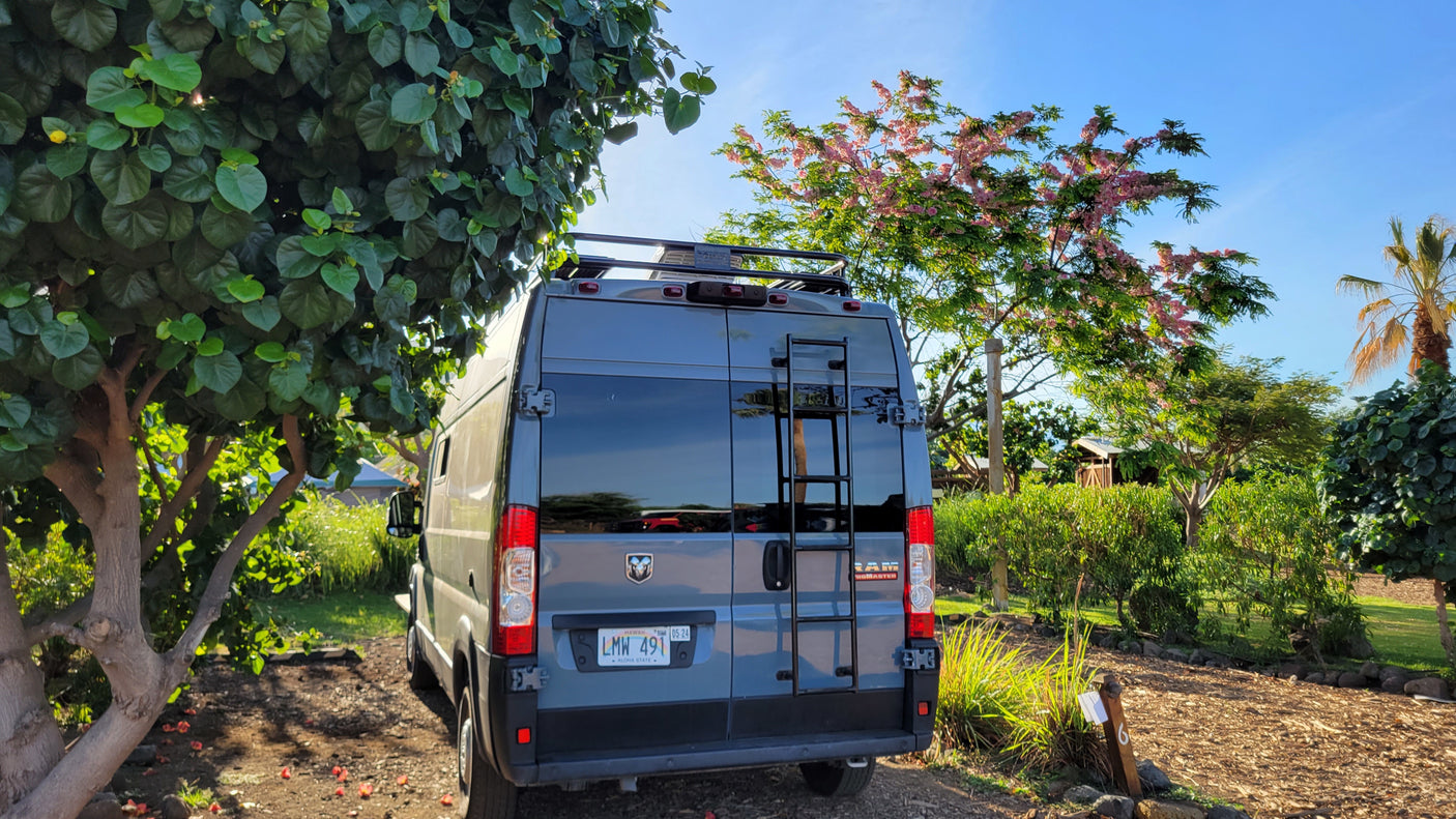 Grey Ram ProMaster RV rental van parked under lush trees with pink flowers, bathed in sunlight. Perfect campervan adventure.