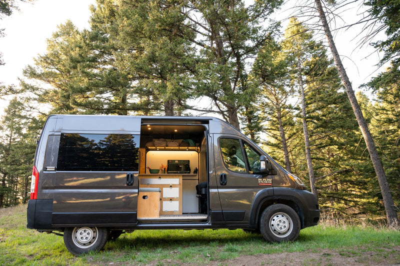A grey camper van RV rental with its door open, showcasing a lighted custom kitchenette, parked amidst tall pine trees. — photo 13
